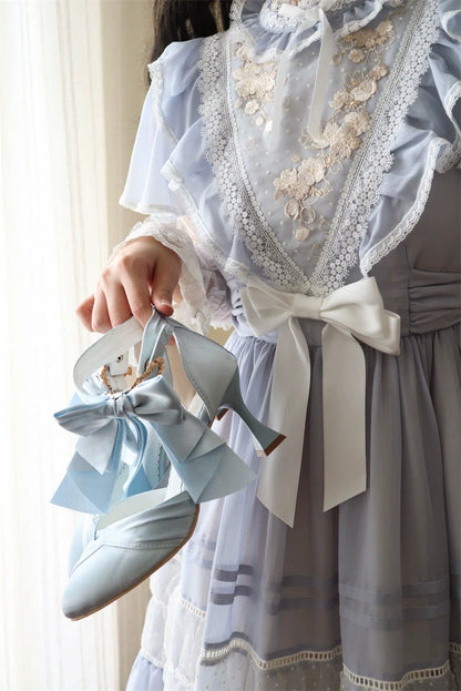 MR.Qiutian - Coronation - Elegant Lolita Shoes Satin Heels With Rose Buckle & Bow Clip