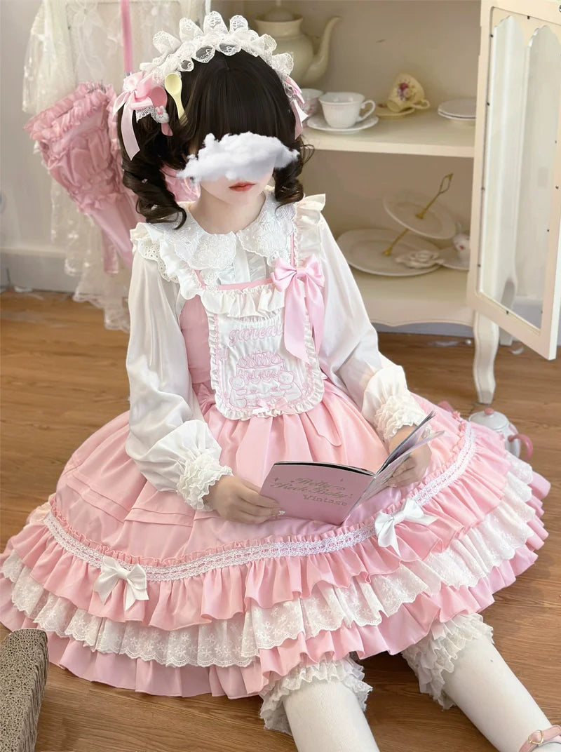 Hanguliang - Sweet Bear - Kawaii Lolita JSK Dress Embroidery Flounce Hem