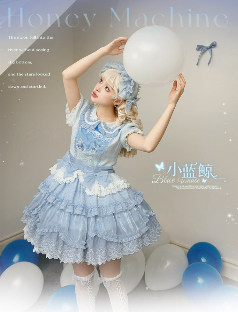 Honey Machine - Blue Whale - Sweet Lolita OP Suit Tiered Ruffle Dress with Shell Lace
