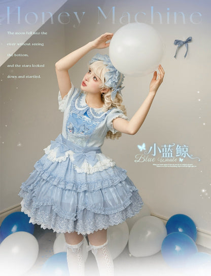 Honey Machine - Blue Whale - Sweet Lolita OP Suit Tiered Ruffle Dress with Shell Lace