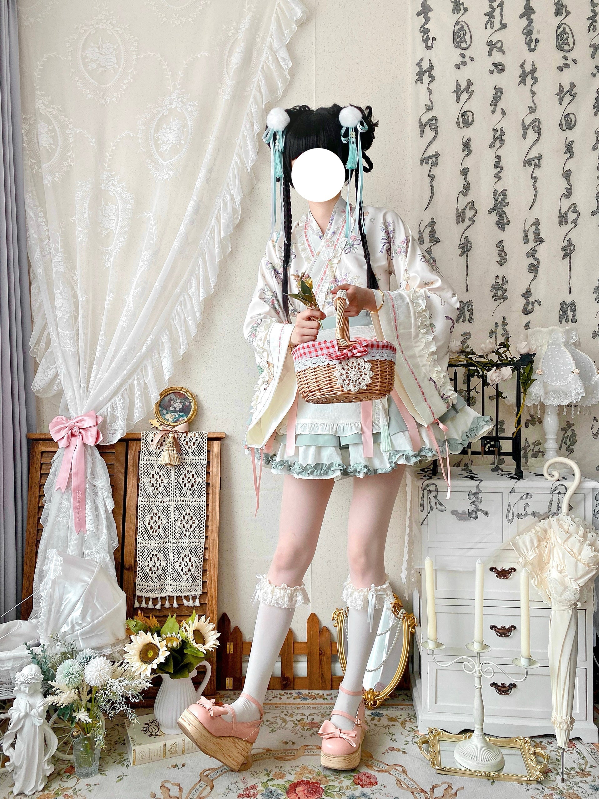 Qianmu - Little Herbalist - Han Lolita Skirt Outfit with Cross-collar Blouse and Apron