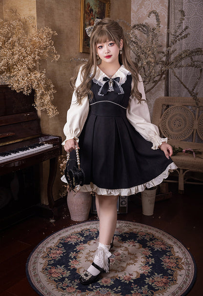 Yingtang - Plus Size Lolita French Retro Dress Set