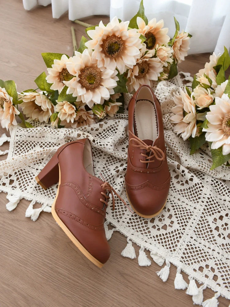 Sentaro - Retro Lolita Heel Shoes Handmade Perforated Strap Leather Shoes