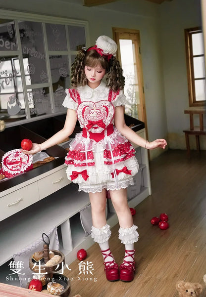 Shuang Sheng Xiao Xiong - Bite The Cake - Sweet Lolita Dress, Red & White Polka Dots
