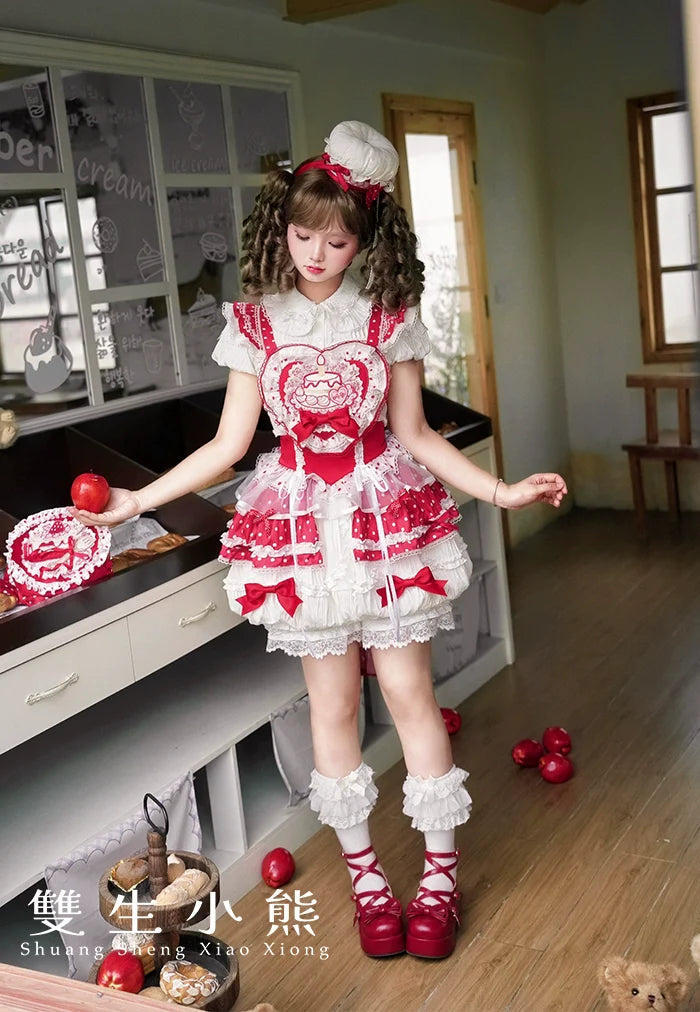Shuang Sheng Xiao Xiong - Bite The Cake - Sweet Lolita Dress, Red & White Polka Dots