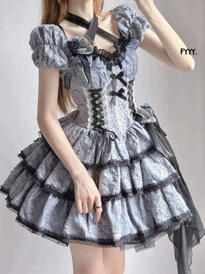 Xingweimian - Medea's Kiss - Gothic Lolita OP Dress Short-Sleeved Black-blue Dress Set