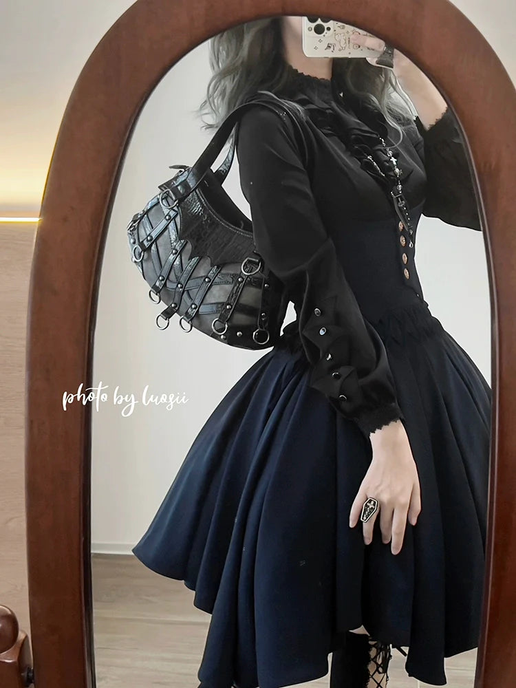 Sentaro - Pleated Irregular Knit Floral Slim Fit Vest and Half Skirt Set