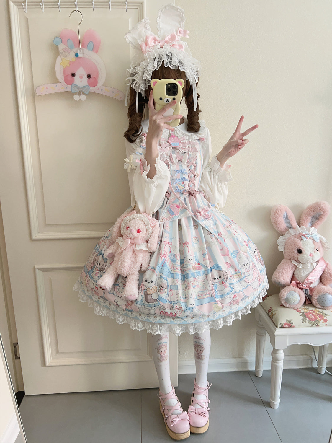 Hanguliang - Sweet Tea Party - Kawaii Lolita JSK Puppy Printed Dress with Sash