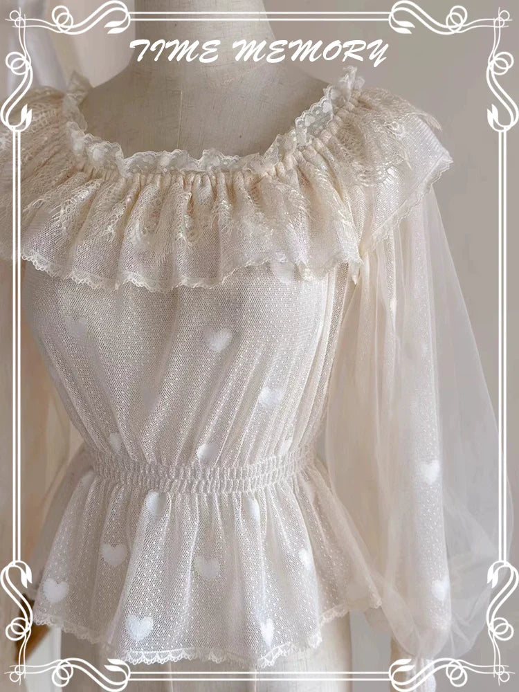 Time Memory - Layered Heart - Sheer Classic Shirt with Mutton Sleeves & Polka Dot