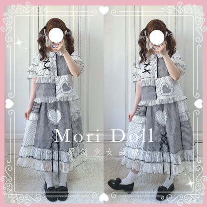 Mori Doll - Peach Tea - Sweet Lolita Dot and Stripe Print Short Sleeve Blouse