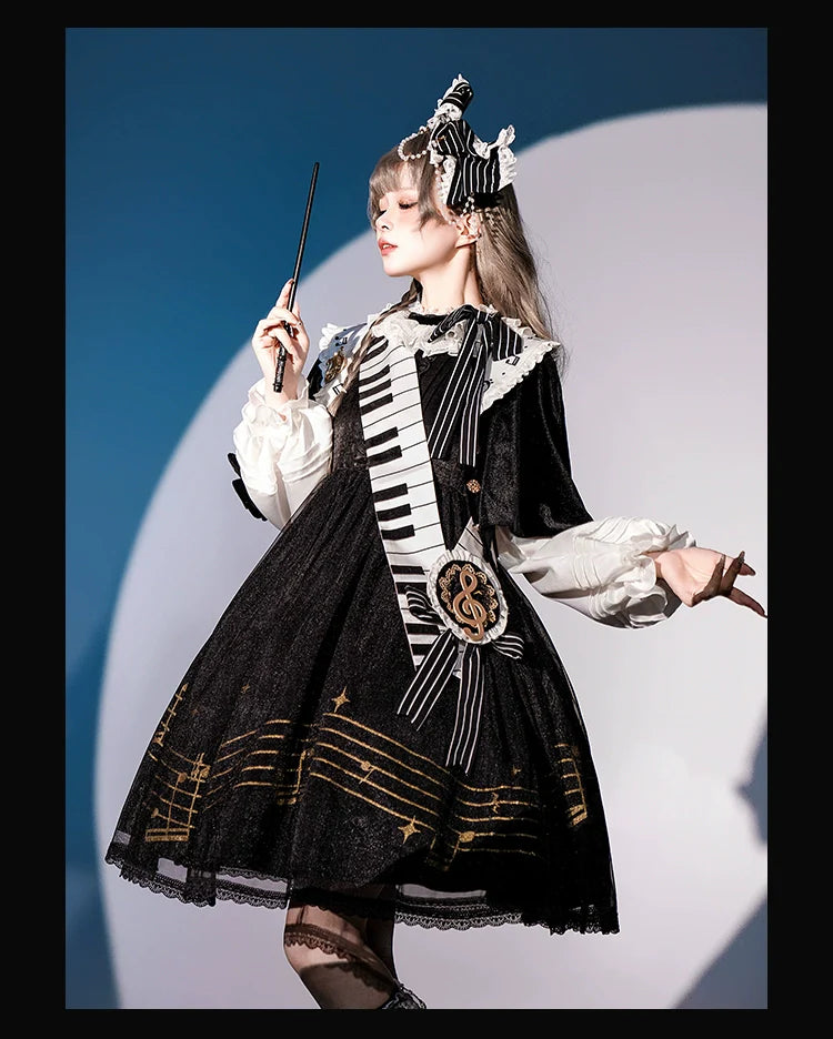 Forest Fluorescent Carps - Black and White Sonata - Ouji Lolita Vest Suit and Vintage Lolita OP Dress
