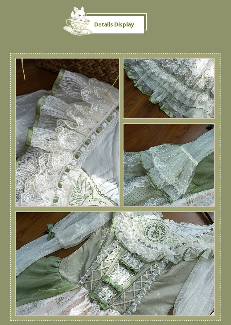 YingLuoFu - Teacup Bunny - Classic Lolita OP Dress, Fresh Green Floral Print