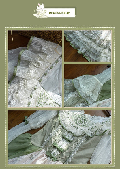 YingLuoFu - Teacup Bunny - Classic Lolita OP Dress, Fresh Green Floral Print