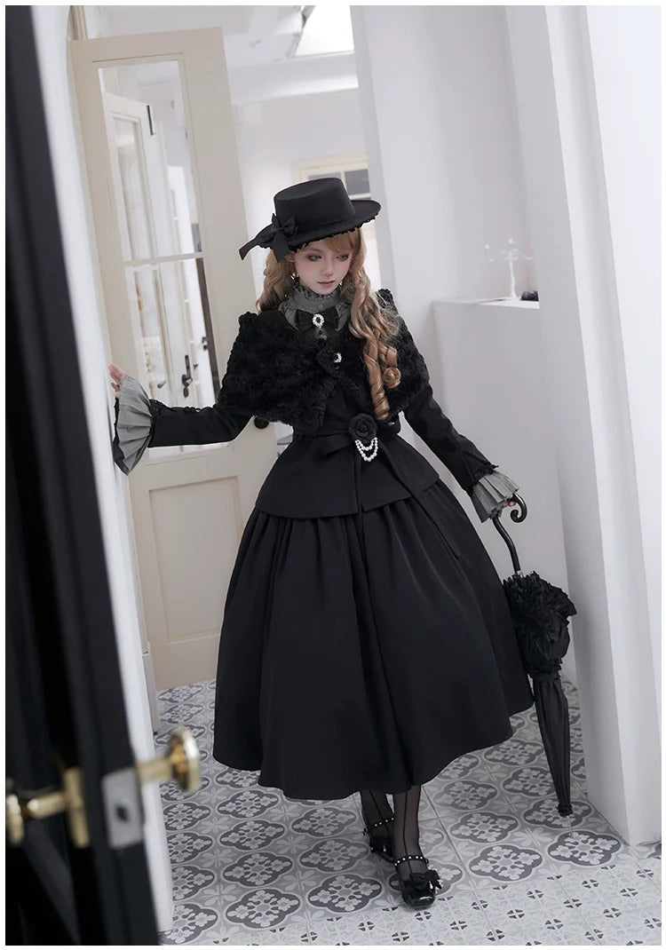 With PUJI - Old Testament - Classic Lolita Coat Black Plush Lolita Cape and Brooch