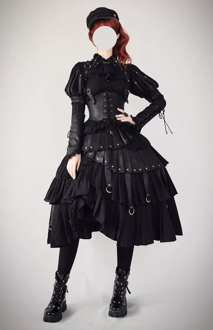 FOXTROT - Black Mist Beloved - Corset Gothic Lolita SK, Shirt, Faux Leather Cage Overlay