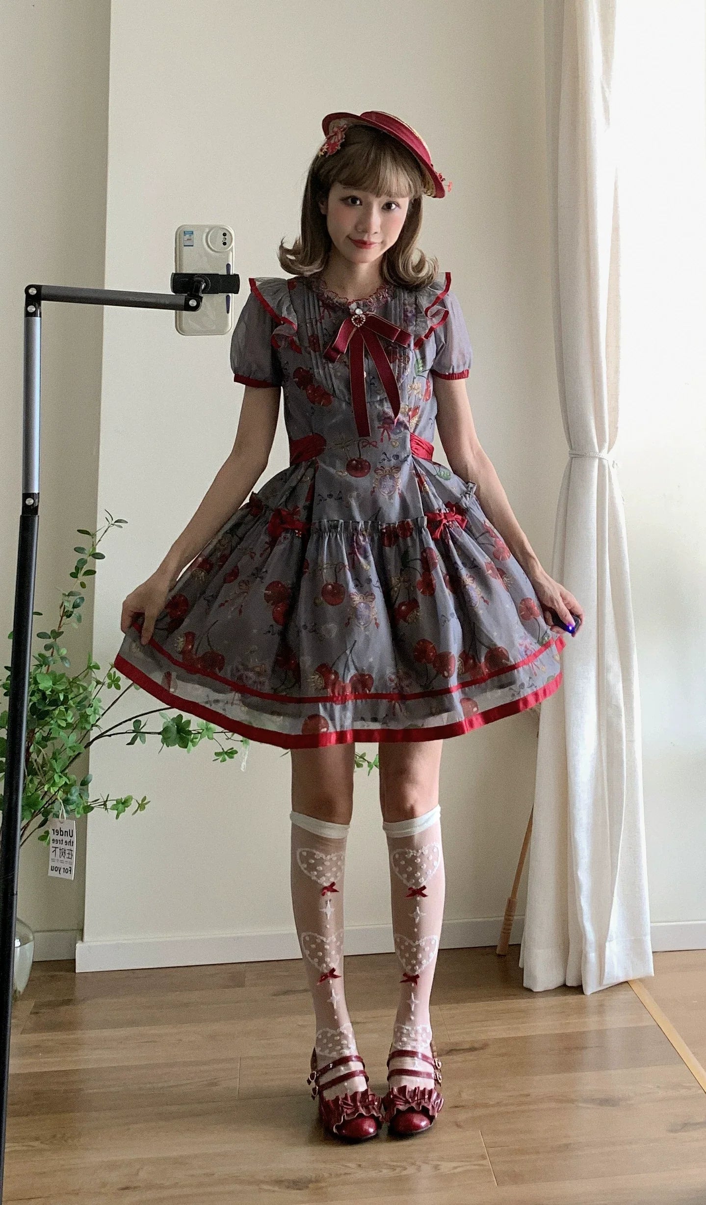 Gloaming - Sweet Lolita Cherry print Short Sleeve OP and SK Set