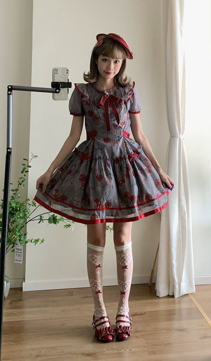 Gloaming - Sweet Lolita Cherry print Short Sleeve OP and SK Set