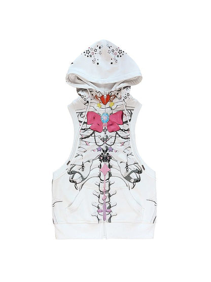 Bow skull print hooded vest【s0000002751】