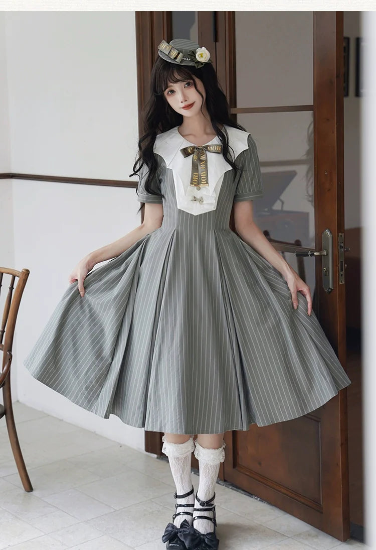 Forest Fluorescent Carps - The Rain of London - Elegant Lolita OP Dress, Bat Wing-Shaped Neckline