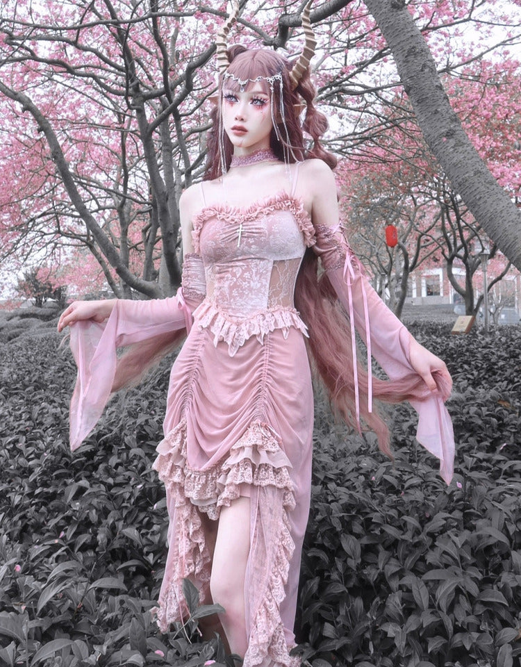 Blood Supply - Sakura Nightmare - Pink Gothic Velvet Drawstring Dress