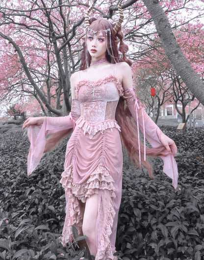 Blood Supply - Sakura Nightmare - Pink Gothic Velvet Drawstring Dress