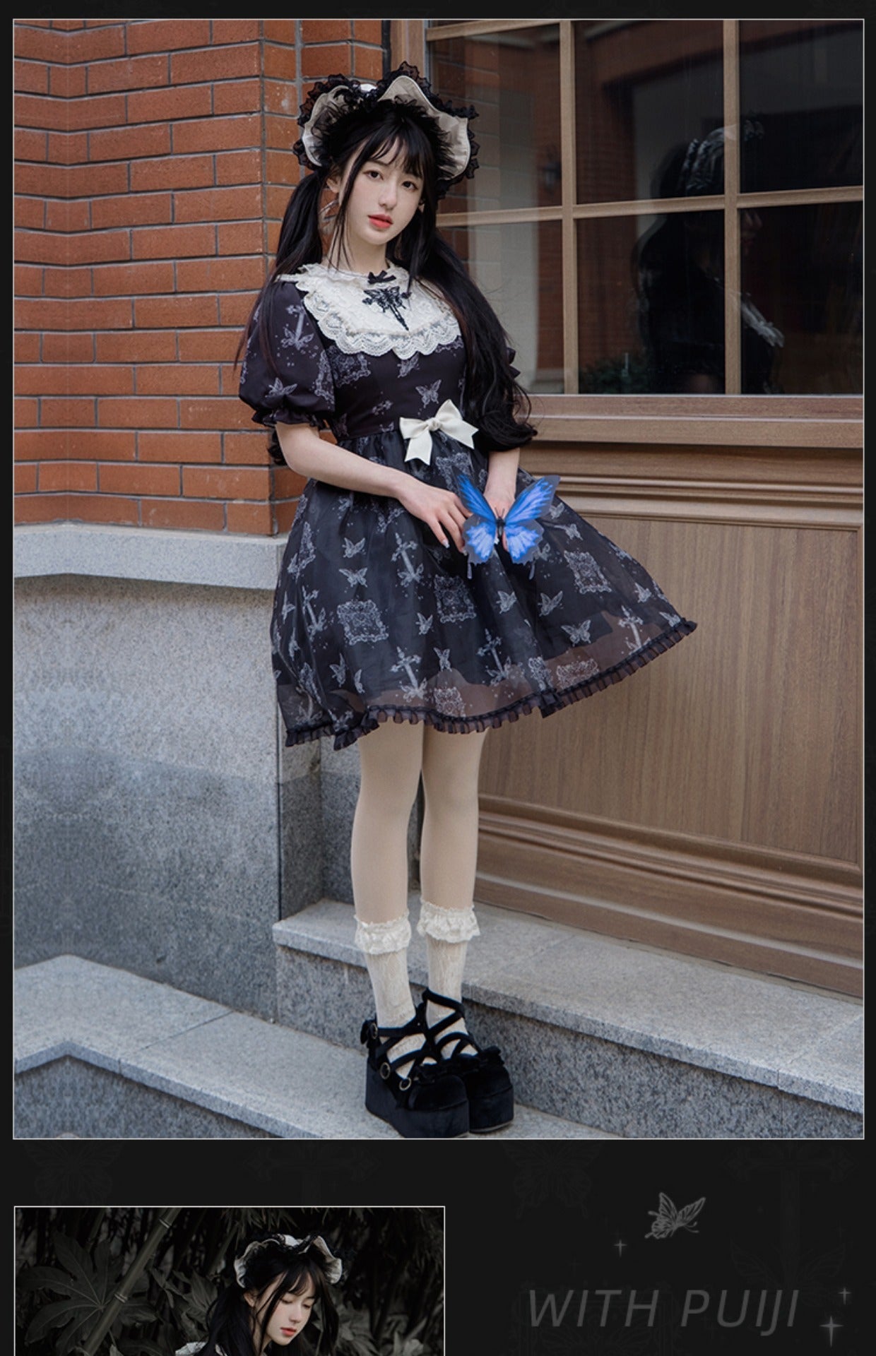With PUJI - Gothic Butterfly Printing Embroidery Lolita OP