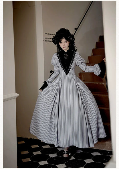With PUJI - Nocturne SP - Striped Gothic Lolita OP Twin Lolita Dress with Apron