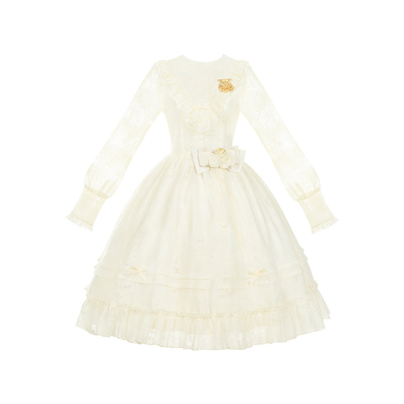 With PUJI - Floral Melody - Ivory Classic Lolita Long Sleeve OP Dress with Layered Bolero