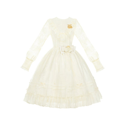 With PUJI - Floral Melody - Ivory Classic Lolita Long Sleeve OP Dress with Layered Bolero
