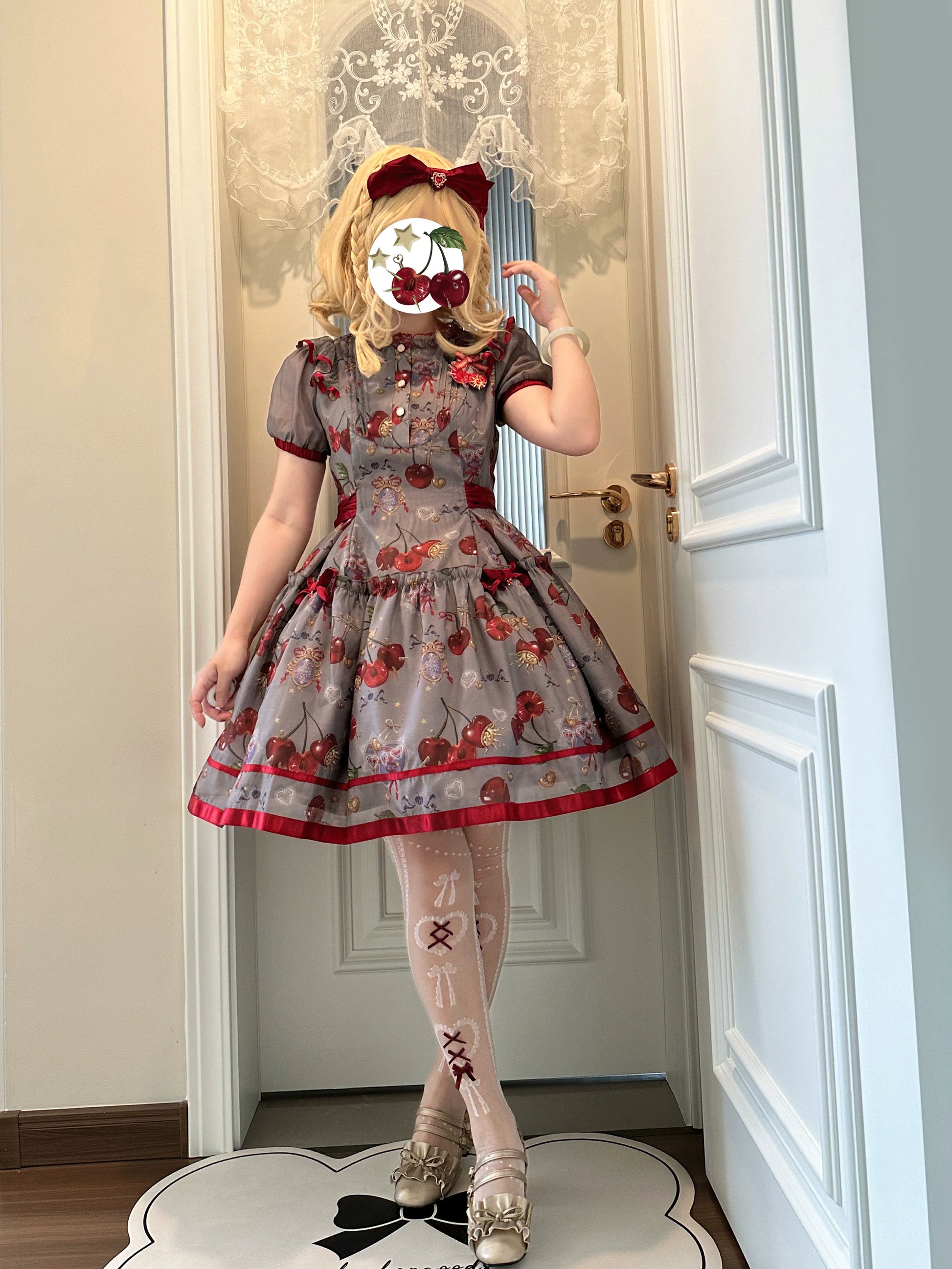 Gloaming - Sweet Lolita Cherry print Short Sleeve OP and SK Set