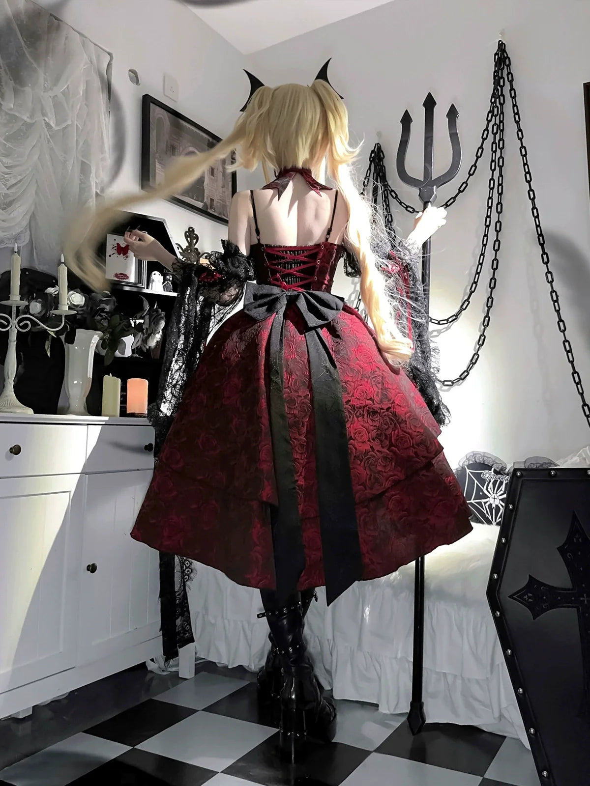 Cornfield Lolita - Rose Blood - Black Red Gothic Lolita JSK Jacquard Court Dress