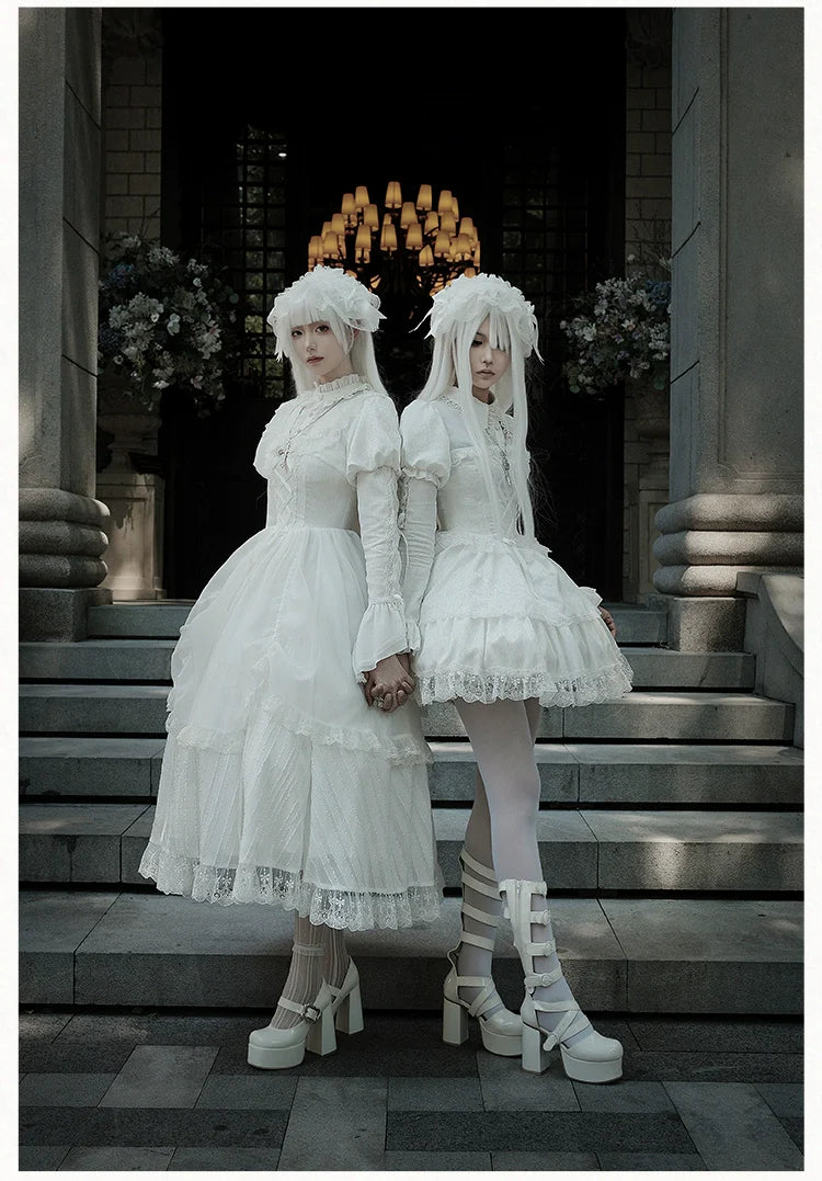 With PUJI - Fallen Heaven - White Gothic Lolita OP Set, Double Layered Skirt