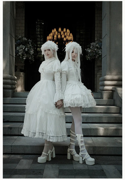 With PUJI - Fallen Heaven - White Gothic Lolita OP Set, Double Layered Skirt
