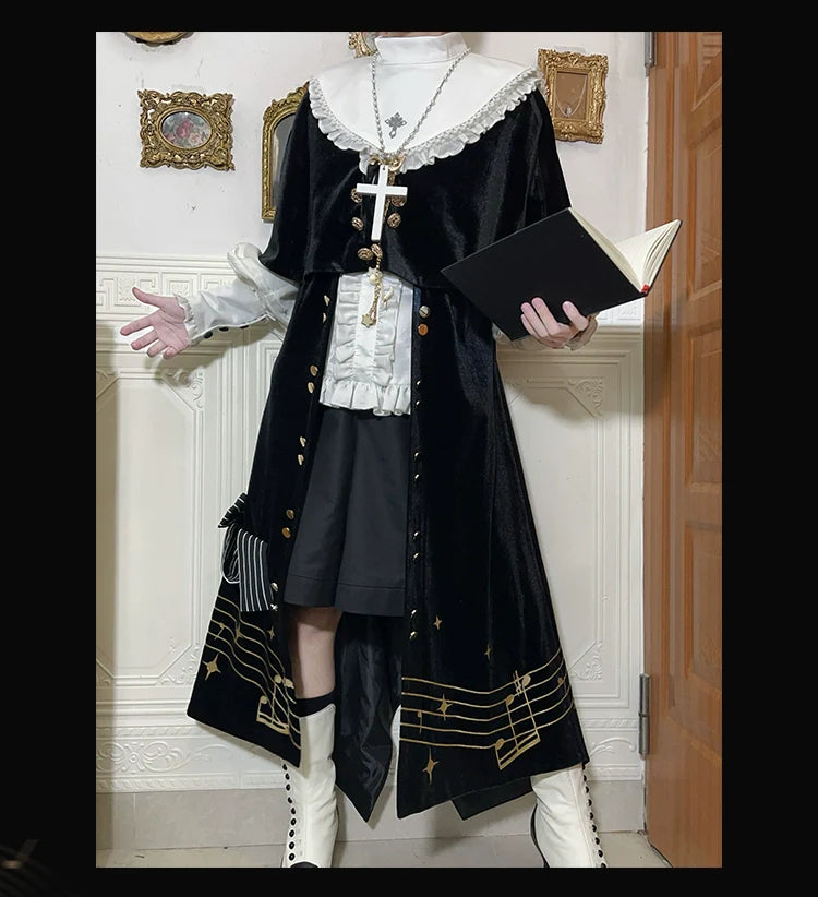 Forest Fluorescent Carps - Black and White Sonata - Ouji Lolita Vest Suit and Vintage Lolita OP Dress