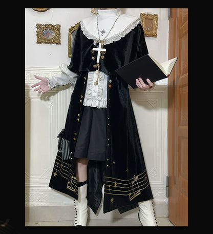 Forest Fluorescent Carps - Black and White Sonata - Ouji Lolita Vest Suit and Vintage Lolita OP Dress