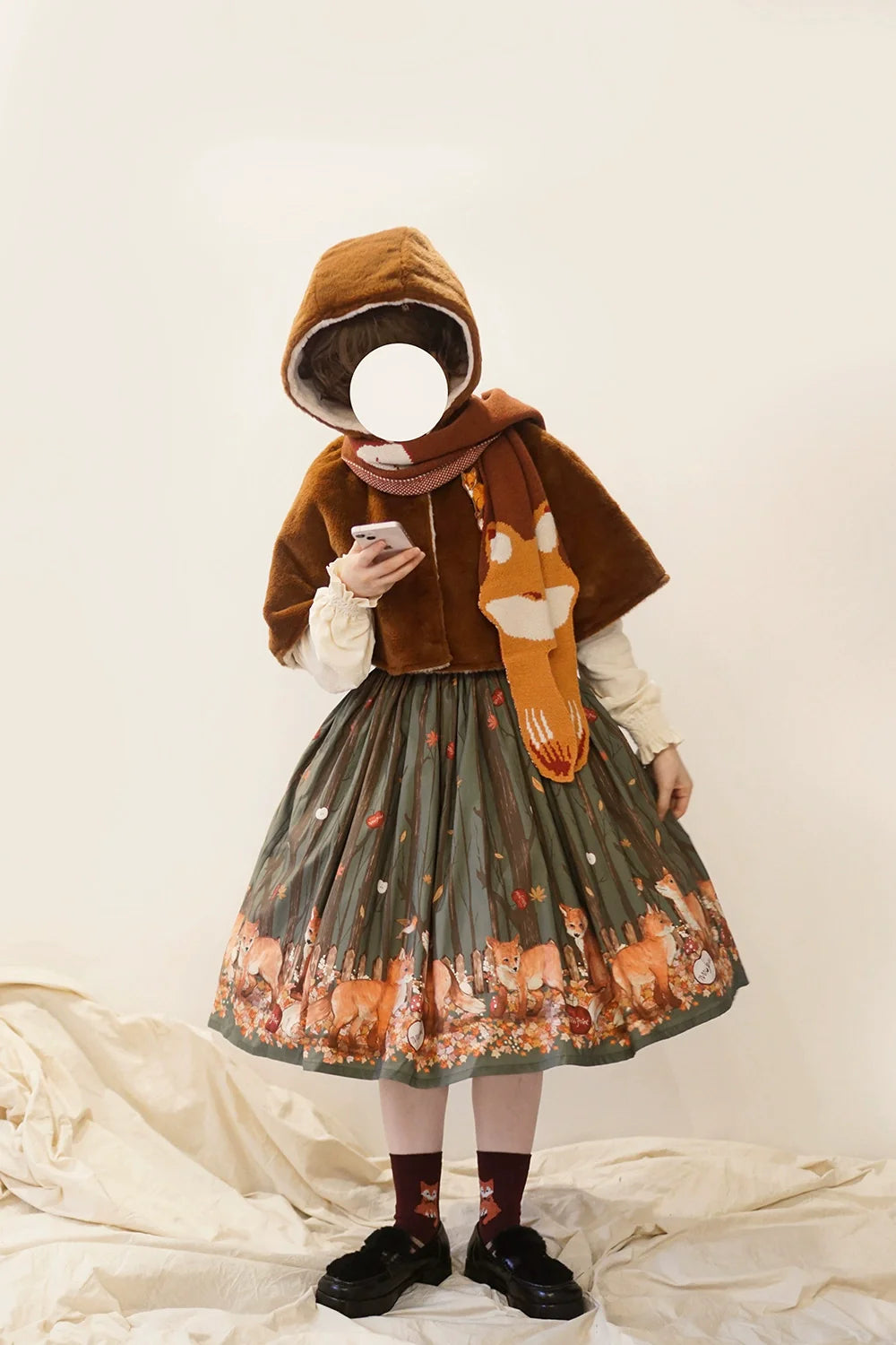 Miss Point - Chubby Fox in the Forest - Kawaii Lolita Accessories Knitted Fox Scarf Embroidered Faux Collar