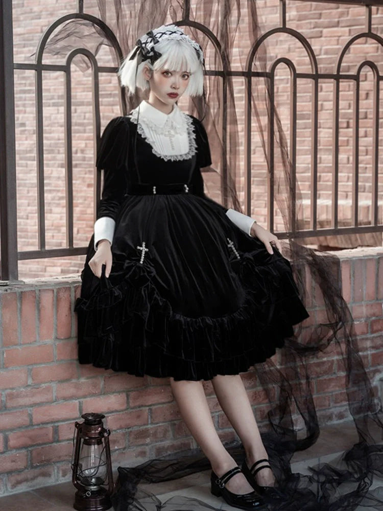 Your Princess - Gothic Lolita Velvet Maid OP Dress, Pearl Cross Accents