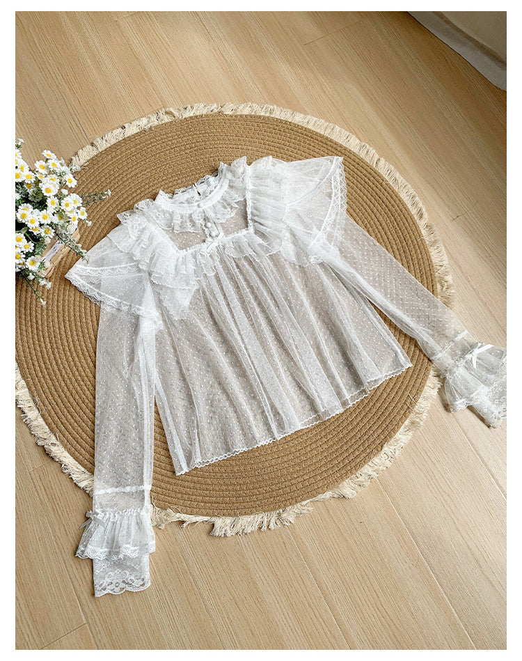 With PUJI - Letters and Poems - Summer Classic Lolita Shirt with Dotted Tulle and Long Sleeve