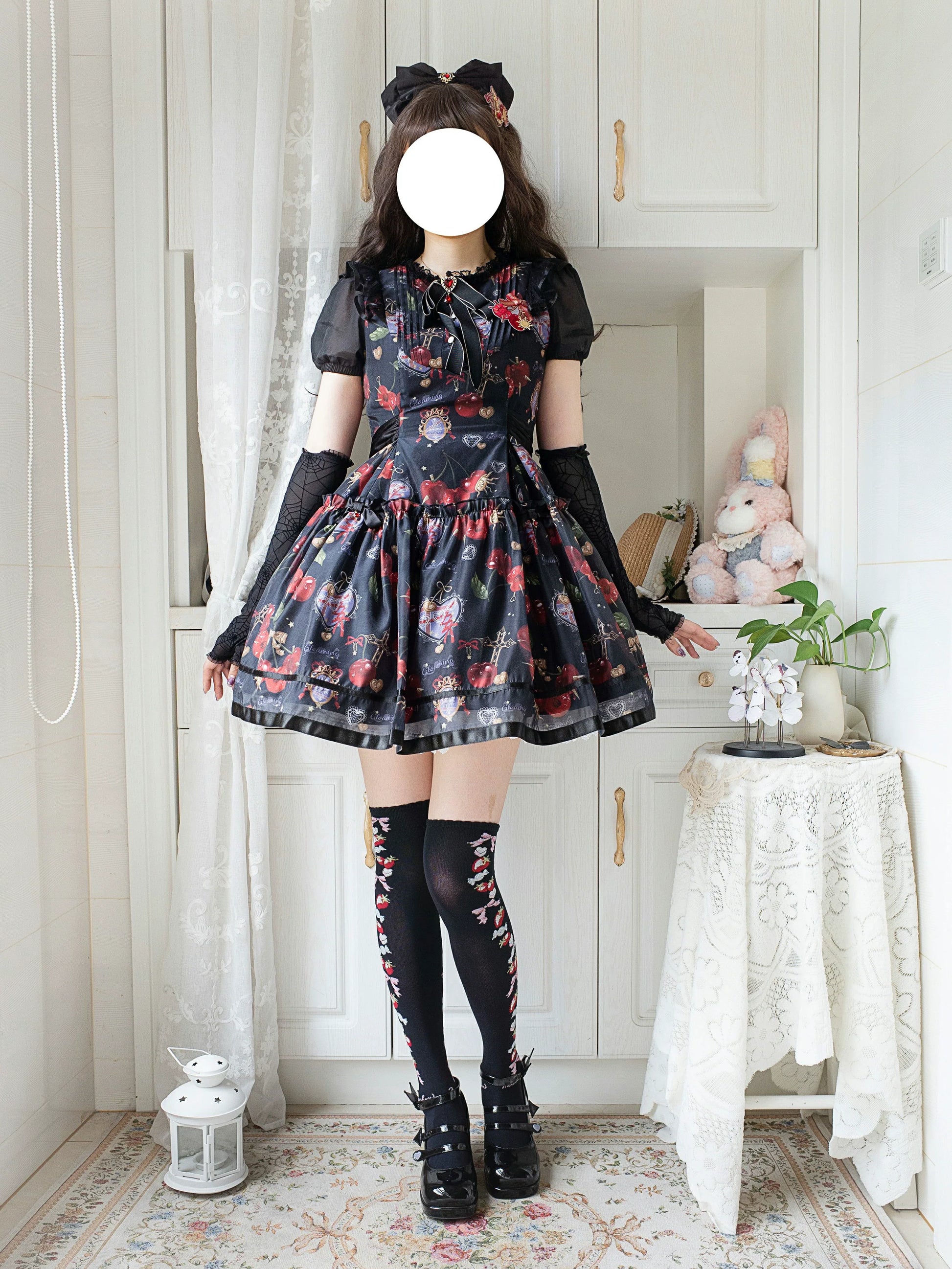 Gloaming - Sweet Lolita Cherry print Short Sleeve OP and SK Set
