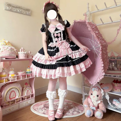 Hanguliang - Showa Flower Butterfly - Pink Sweet Lolita OP Dress With Bows & Lace Trim