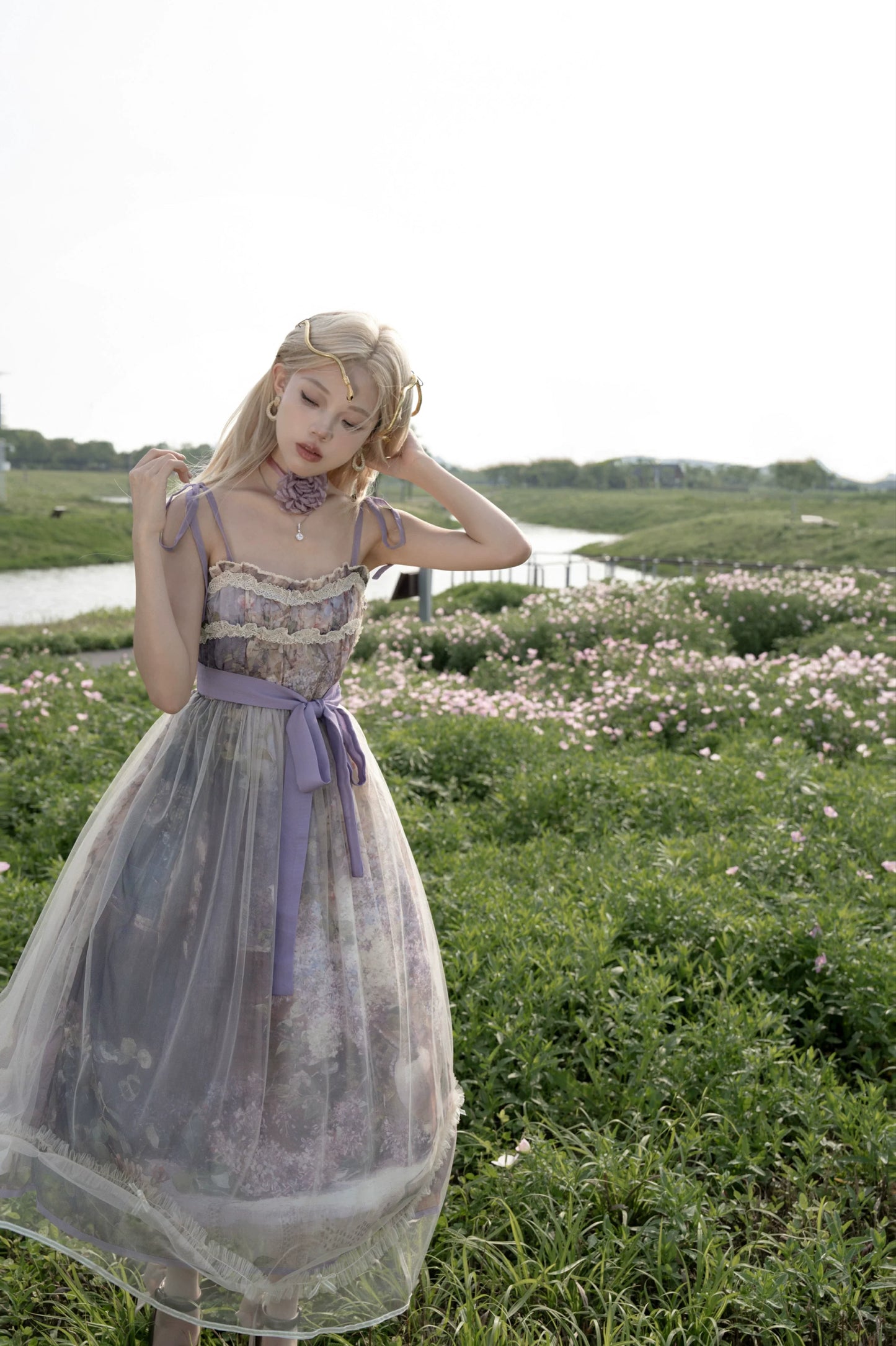 Cyan Lolita - Blooming Tree Shade - Sweet Lolita Strap JSK Bow Oil Painting Print Dress