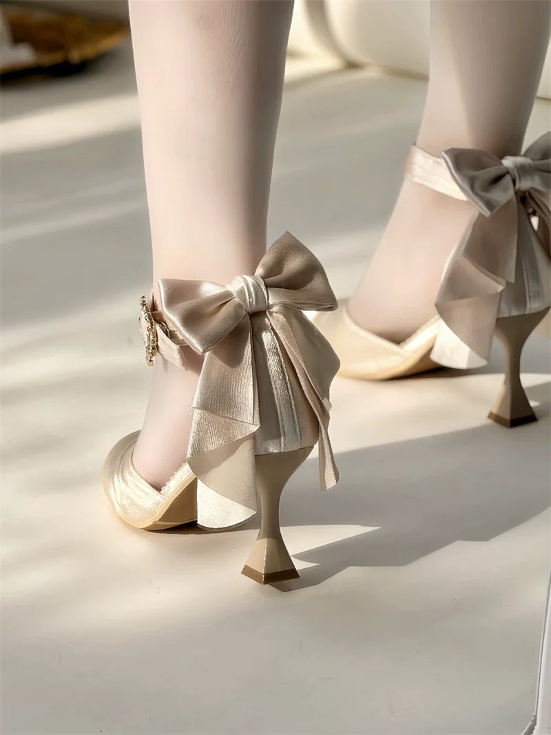 MR.Qiutian - Coronation - Elegant Lolita Shoes Satin Heels With Rose Buckle & Bow Clip
