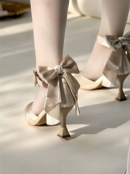 MR.Qiutian - Coronation - Elegant Lolita Shoes Satin Heels With Rose Buckle & Bow Clip
