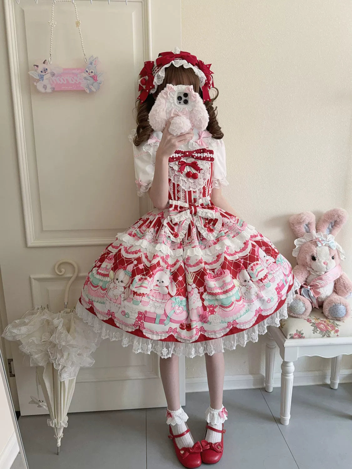 Hanguliang - Cherry Bake Song - Kawaii Lolita JSK Dress With Dessert Print & Cherry Bow