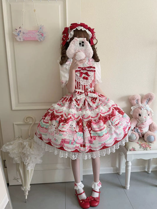 Hanguliang - Cherry Bake Song - Kawaii Lolita JSK Dress With Dessert Print & Cherry Bow