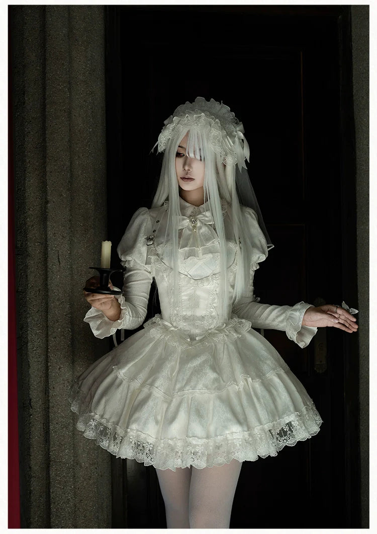 With PUJI - Fallen Heaven - White Gothic Lolita OP Set, Double Layered Skirt