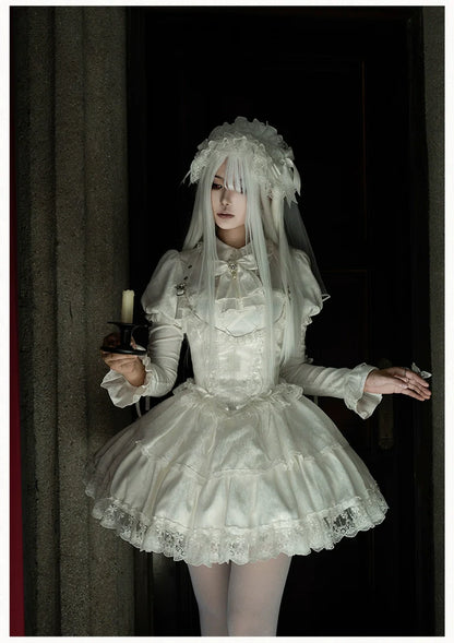 With PUJI - Fallen Heaven - White Gothic Lolita OP Set, Double Layered Skirt