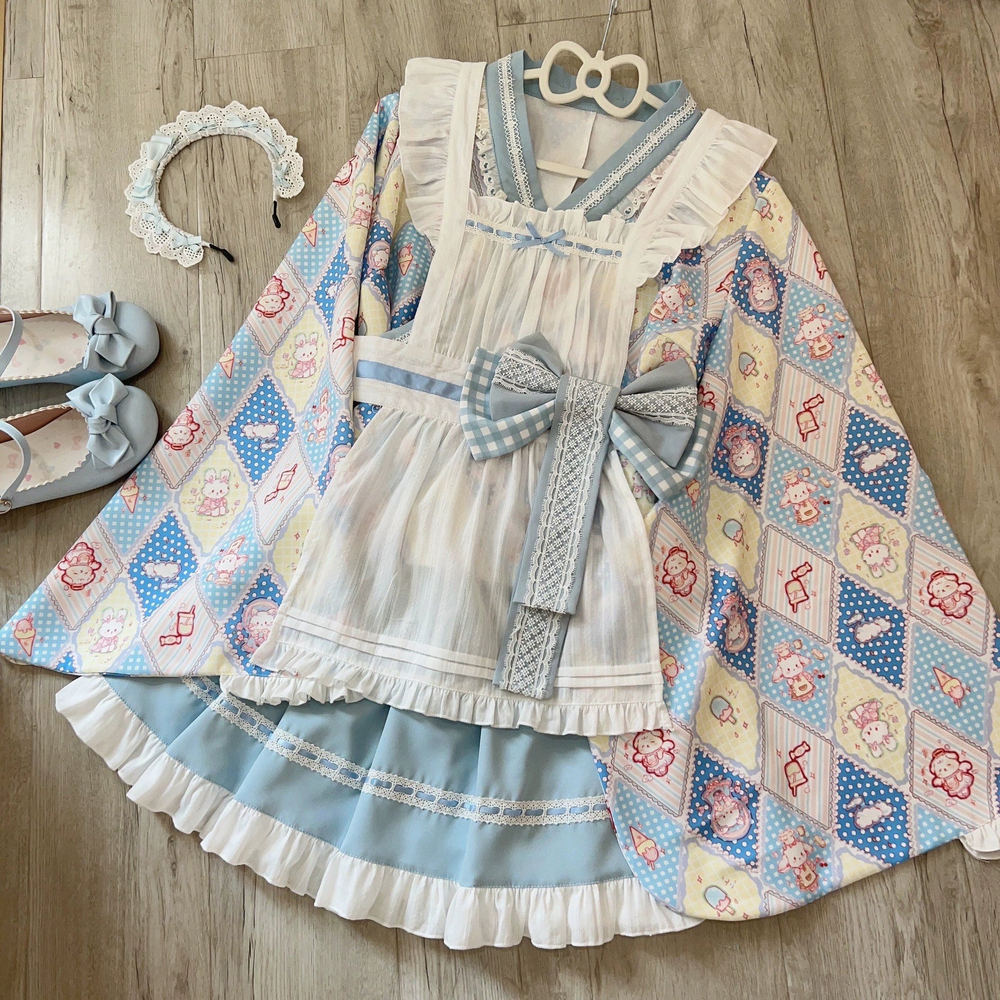 Sugar Girl - Showa Sweetness - Maid Wa Lolita Skirt Set Cute Summer Lolita Bow Apron