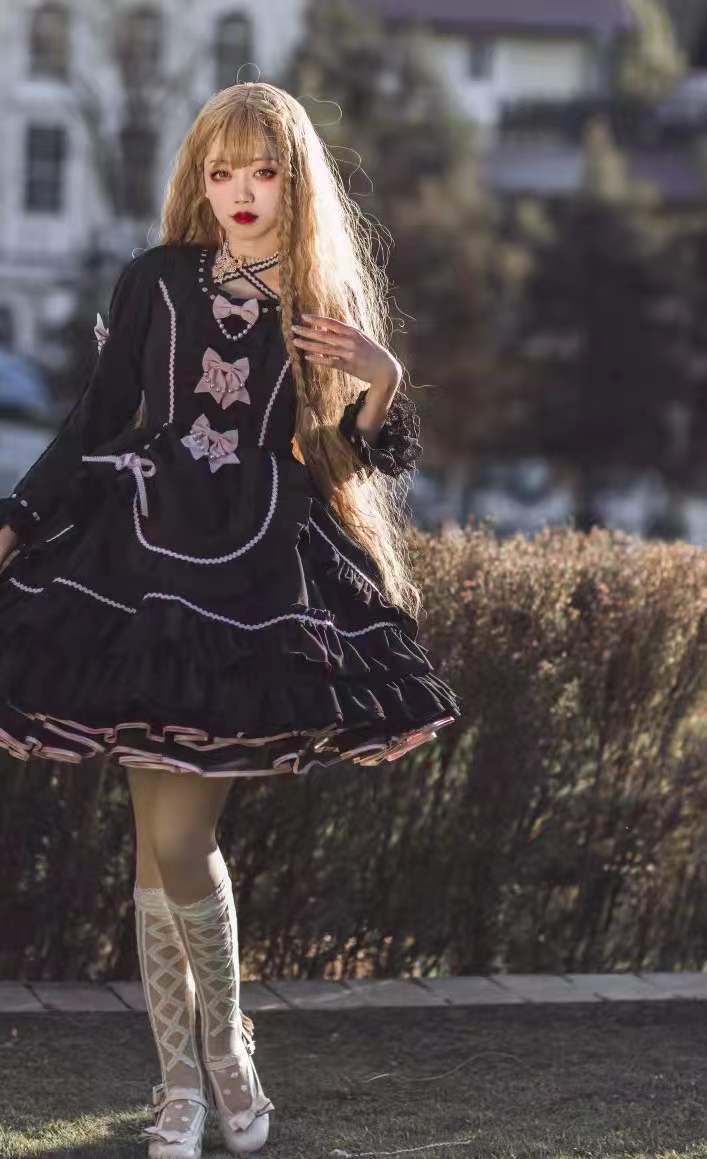Catlow Rabbit - Black Lolita Doll OP/JSK with Adjustable Elasticity