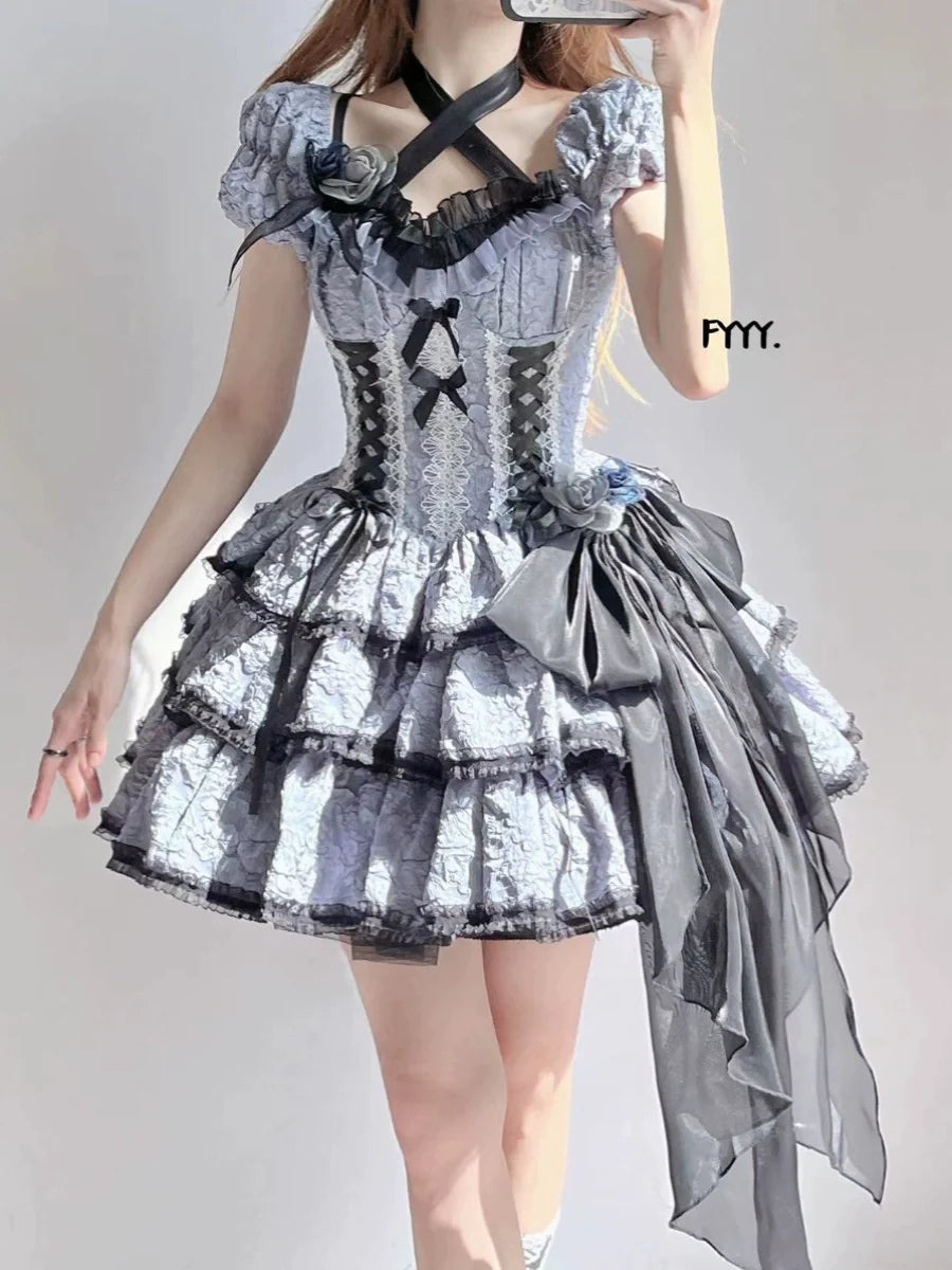 Xingweimian - Medea's Kiss - Gothic Lolita OP Dress Short-Sleeved Black-blue Dress Set
